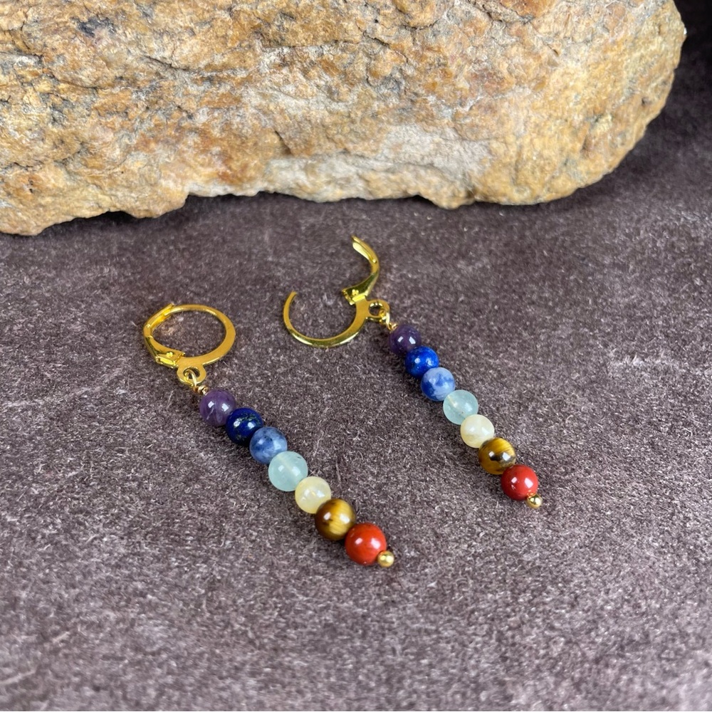 Chakra Crystals Gemstone Dangling Earrings Artisan Designed - Picture 12 of 16